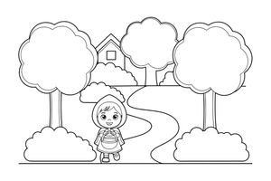 The girl walking along a winding path through tall trees – Little Red Riding Hood Story coloring page