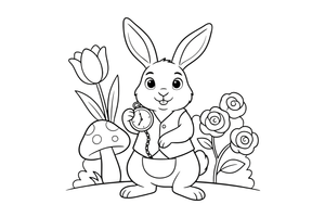 A white rabbit in a waistcoat holding a big pocket watch – Alice in Wonderland Story coloring page