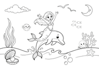Mermaid riding a dolphin in the open sea – Mystical Mermaid coloring page