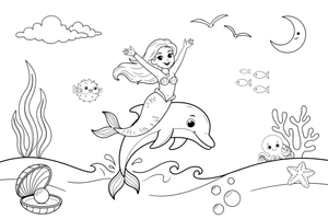 Mermaid riding a dolphin in the open sea – Mystical Mermaid coloring page