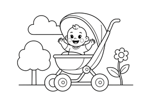 A baby sitting happily in a stroller – Baby coloring page