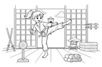 A martial artist girl doing a jumping kick – Martial arts Fighters coloring page