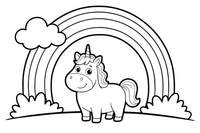 A unicorn standing under a big rainbow – Rainbow coloring page