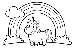A unicorn standing under a big rainbow – Rainbow coloring page