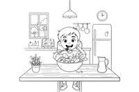 A boy eating a big bowl of vegetables with a fork – Healthy Habits coloring page