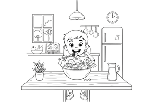 A boy eating a big bowl of vegetables with a fork – Healthy Habits coloring page