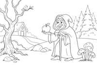 An old woman in a hooded cloak holding out a big apple – Snow White Story coloring page