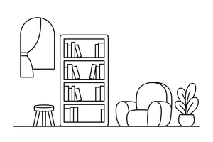 A tall bookshelf full of books – Cozy Library Place coloring page