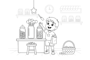 A child choosing candy from big jars at the sweet shop – Candy & Chocolate Sweets coloring page