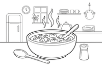 A steaming bowl of soup with a spoon – Yummy Meals coloring page