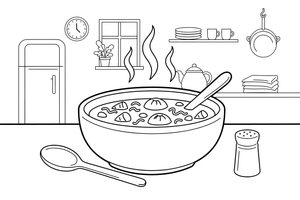 A steaming bowl of soup with a spoon – Yummy Meals coloring page