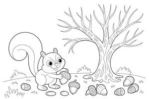 A squirrel gathering acorns under a bare tree – Four Seasons coloring page