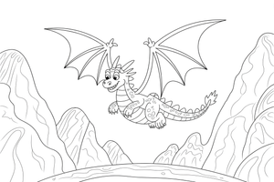 Dragon gliding between tall mountains – Dragon Magical Dragon Soaring coloring page