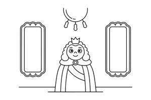 A grand king in a huge curly wig and royal robe in his fancy palace with mirrors (Louis XIV, the Sun King) – Historic People Around the World coloring page