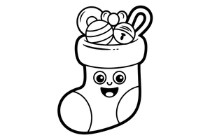 A stocking full of toys with a jingle bell – Christmas Winter Treats coloring page
