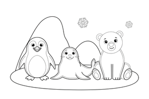 A penguin, a seal and a polar bear on the ice together – Arctic Animals coloring page