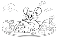 A mouse looking at a wedge of cheese – Creamy Dairy Delights coloring page
