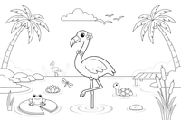 A flamingo wading in a shallow lake – Flamingo Pond coloring page