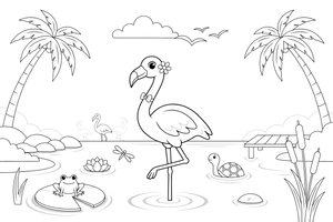 A flamingo wading in a shallow lake – Flamingo Pond coloring page