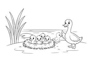 A mother duck looking proudly at her nest of ducklings – The Ugly Duckling Story coloring page