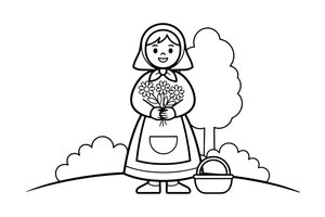A woman in a traditional folk costume with an embroidered apron, long skirt and headscarf, holding a bouquet of wildflowers – Herb Day coloring page