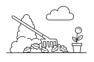 A rake gathering a pile of leaves – Classic Garden Tools coloring page