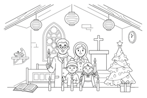 People with candles inside a church at night – Christmas Eve coloring page
