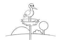 A tall stork with a long beak standing in a big nest on a pole – Lithuanian Bird Collection coloring page