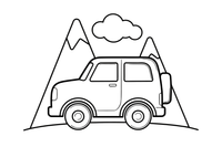 A jeep with a spare tire on the back, parked by the mountains – Different cars coloring page