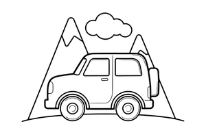 A jeep with a spare tire on the back, parked by the mountains – Different cars coloring page