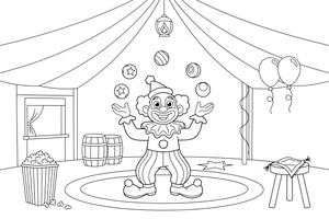 A happy clown juggling three balls – Colorful Circus Tent coloring page