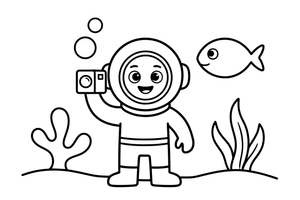 A diver holding an underwater camera – Deep Sea Diver Submarine coloring page
