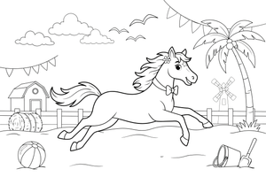 Horse running along a sandy beach – Galloping Horse Farm coloring page