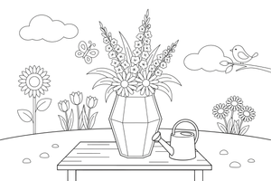 A modern arrangement with tall spiky flowers in a geometric vase – Spring Bouquet Flower coloring page