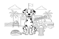 A Dalmatian sitting next to a fire truck – Dalmatian coloring page