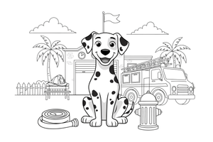 A Dalmatian sitting next to a fire truck – Dalmatian coloring page