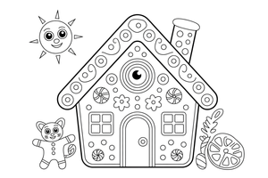 A gingerbread house decorated with candies and icing (all outlined, no fill) – Hansel and Gretel Story coloring page