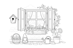 A close-up of a cottage window with shutters and a flower box – Cottages coloring page