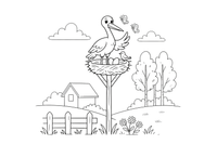 A tall stork with a long beak standing in a big nest on a pole – Lithuanian Bird Collection coloring page