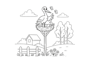 A tall stork with a long beak standing in a big nest on a pole – Lithuanian Bird Collection coloring page