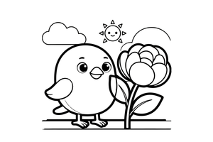 Peony a bird perched by a flower – Peony Flower Display coloring page