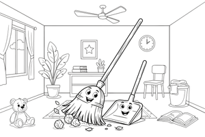 One big broom and a dustpan, close up – Chores & Helping coloring page