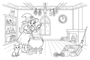 A witch stirring a bubbling cauldron – Witch coloring page