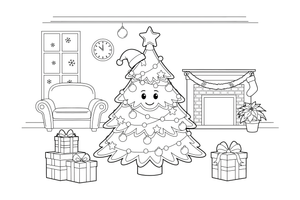 A Christmas tree in a living room with gifts – Christmas tree coloring page