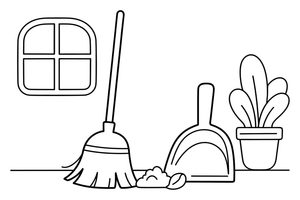 One big broom and a dustpan, close up – Chores & Helping coloring page