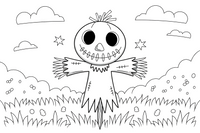 A spooky scarecrow with a stitched face standing in a field at night – Spooky Halloween coloring page