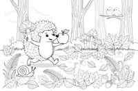 A hedgehog carrying a mushroom and an apple among autumn leaves – Hedgehog coloring page