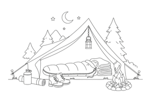 A sleeping bag laid out inside a tent – Essential Camping Gear coloring page