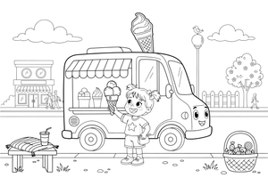 An ice cream truck with a child buying a cone – Delightful Sweets coloring page