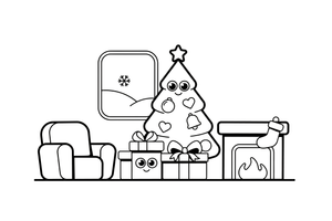 A Christmas tree in a living room with gifts – Christmas tree coloring page